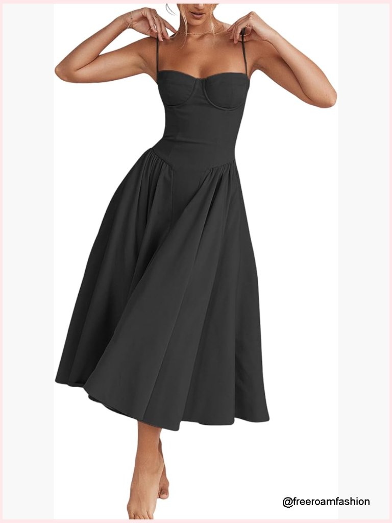 Elegant Corset Midi Dress Flowy Pleated Hem Spaghetti Strap Prom Dress
